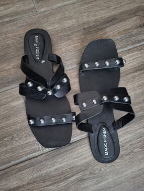 Marc Fisher Black Slide Sandals with Silver Studs